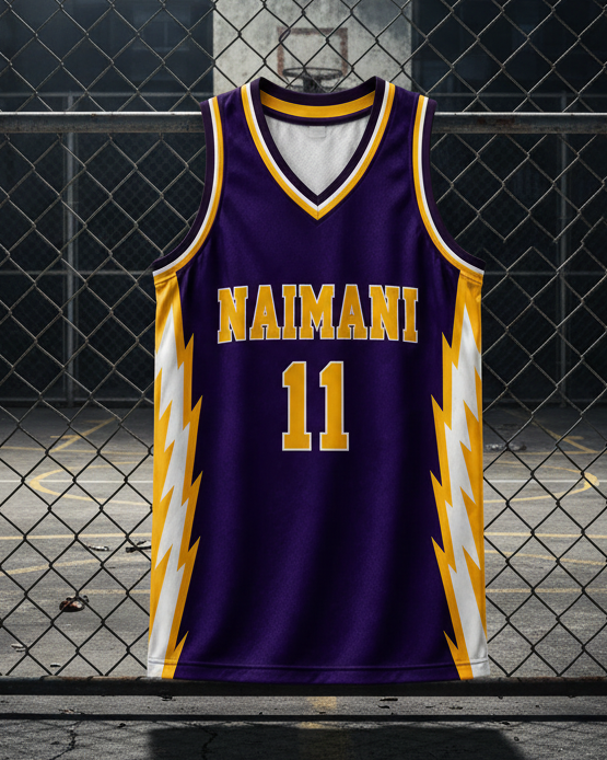 A purple basketball jersey with yellow and white accents, featuring the name 'NAIMANI' and number '11' on the front, displayed against a solid black background.