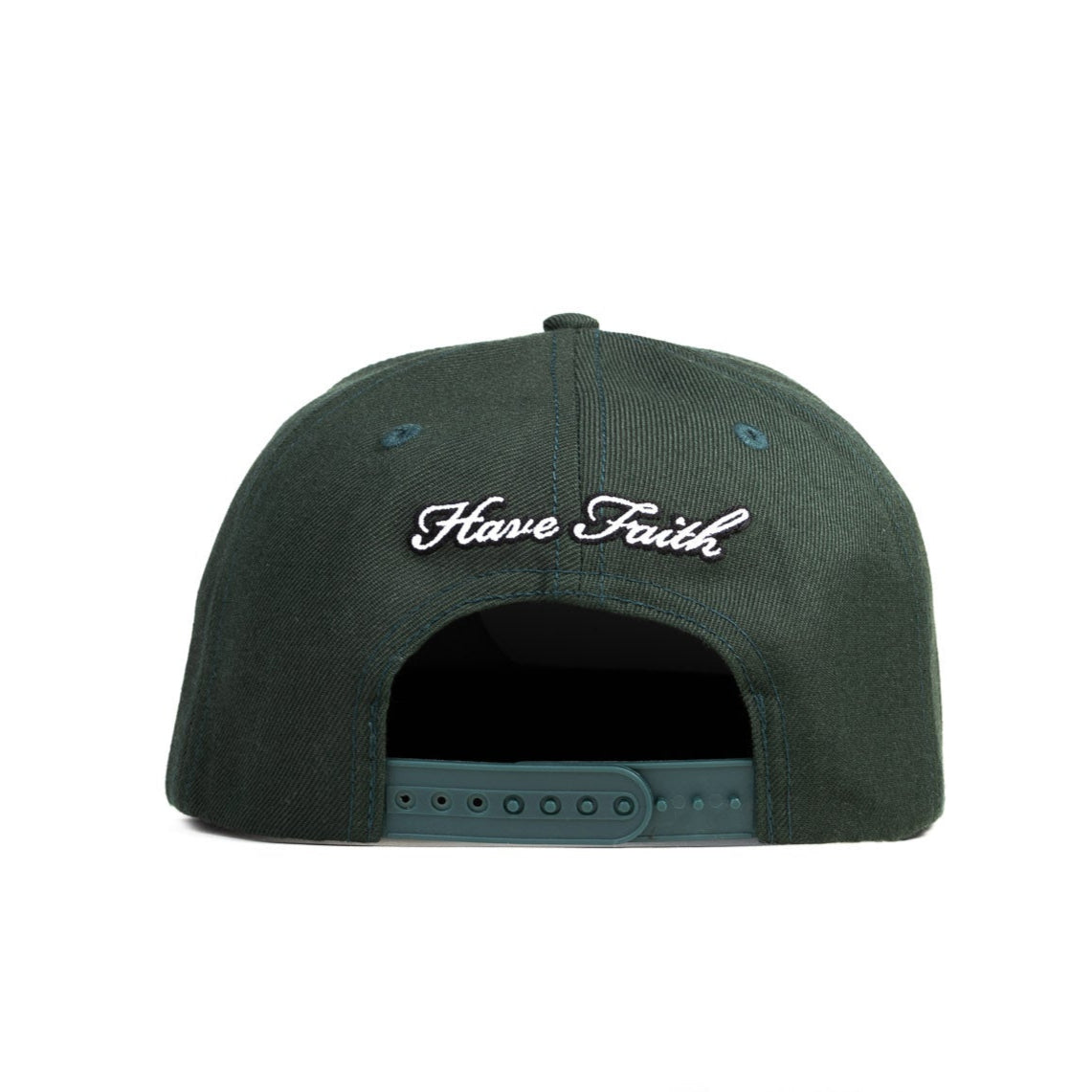 Green cap with 'Have Faith' text on a white background